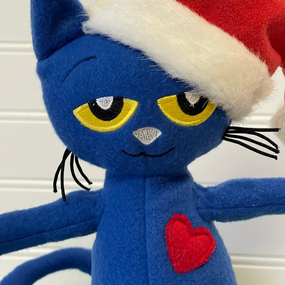 Charming Blue Cat Plush with Red Heart and Santa Hat